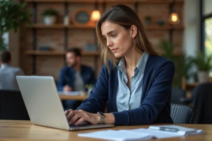 Femme en reconversion professionnelle utilisant une plateforme Moodle Greta sur son ordinateur portable dans un espace de coworking moderne
