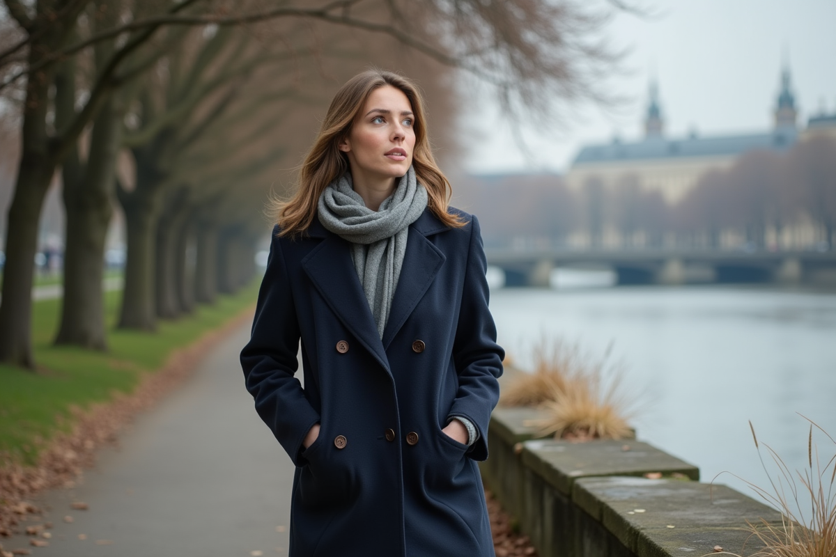 Femme en manteau marchant le long d