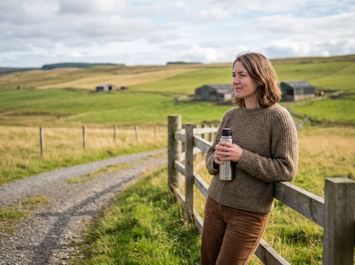 Jeune femme dans un paysage rural avec ferme