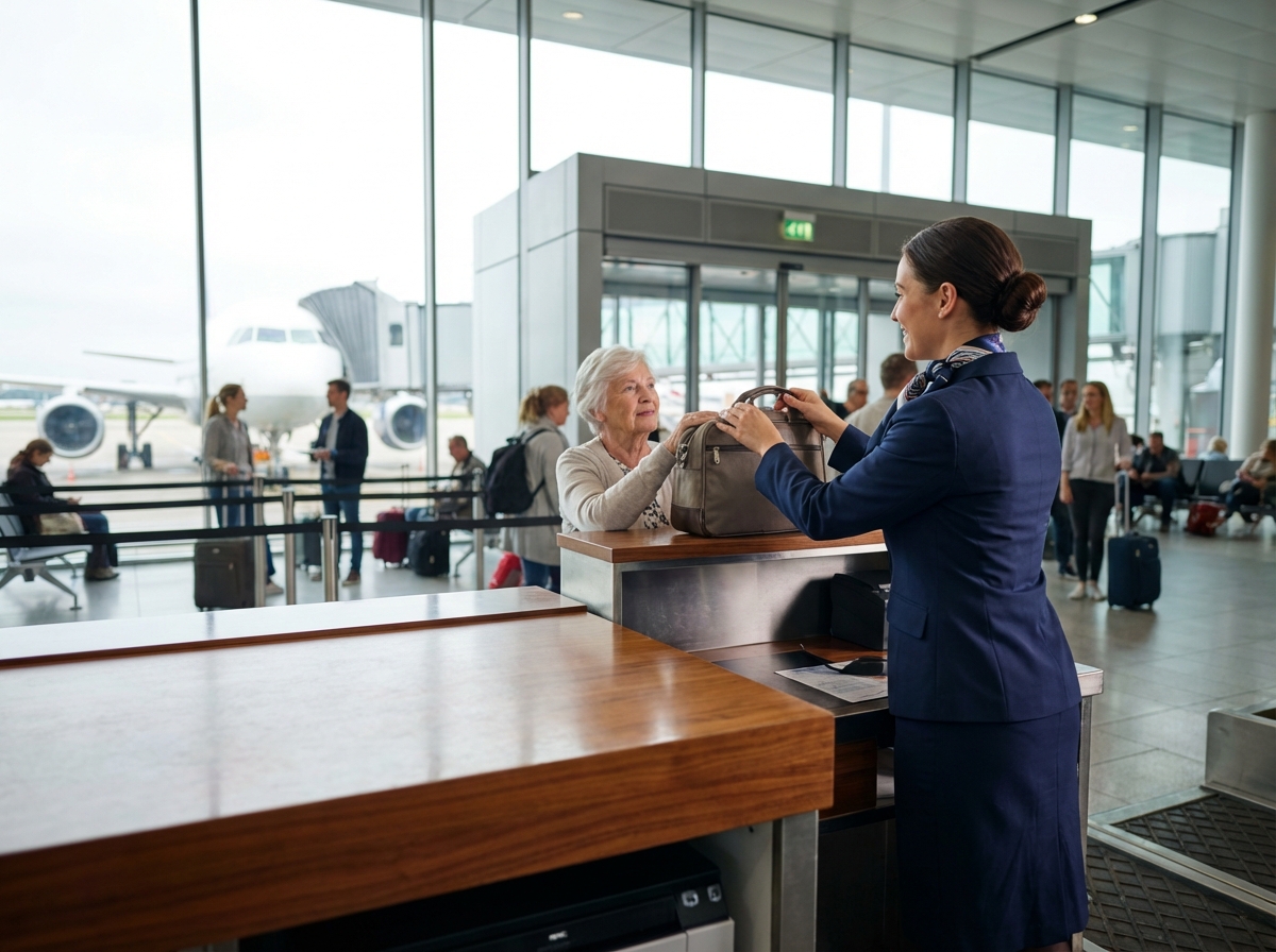 Steward femme aidant un passager à ranger ses bagages