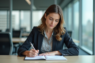 Femme en blazer écrivant dans un carnet au bureau moderne