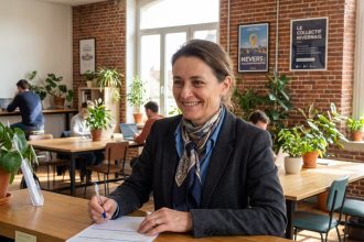 Femme d'affaires souriante dans un espace coworking à Nevers