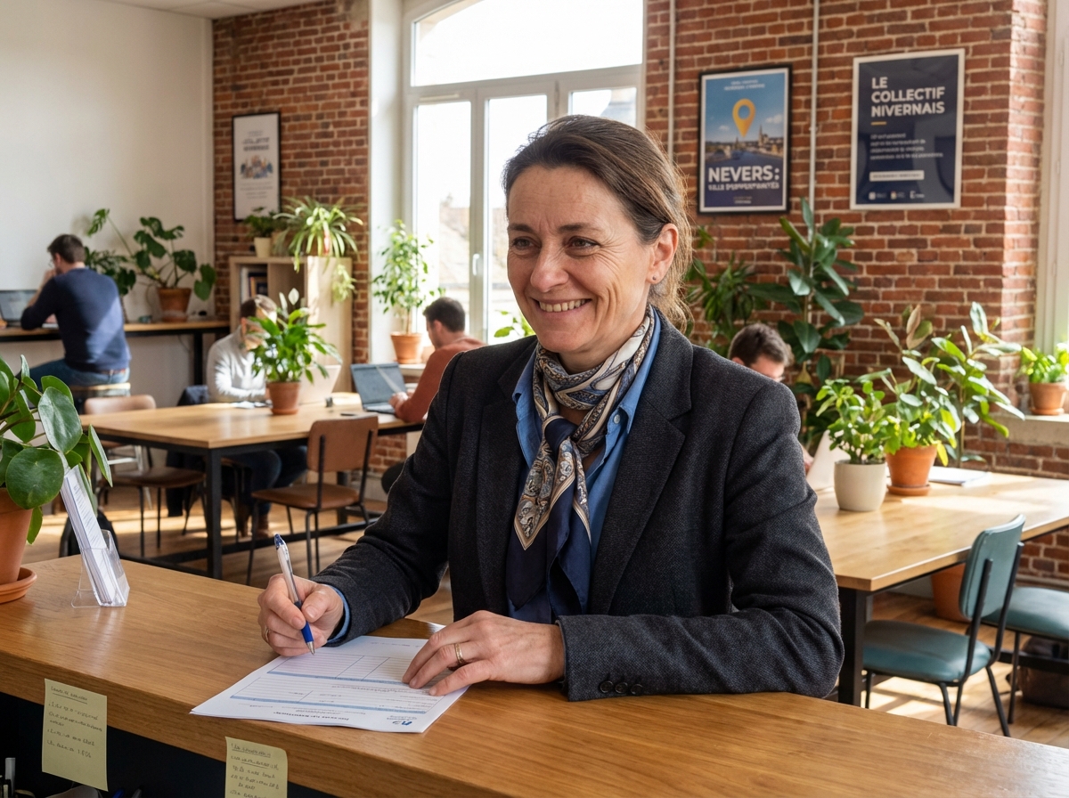 Femme d'affaires souriante dans un espace coworking à Nevers