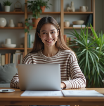 Jeune femme au travail à domicile avec ordinateur et bibliothèque