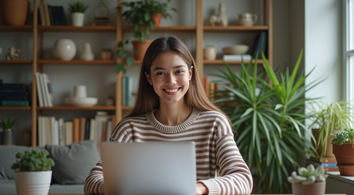Jeune femme au travail à domicile avec ordinateur et bibliothèque