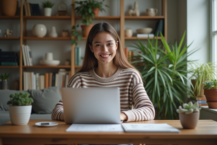 Jeune femme au travail à domicile avec ordinateur et bibliothèque