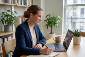Femme en visioconference dans un bureau moderne