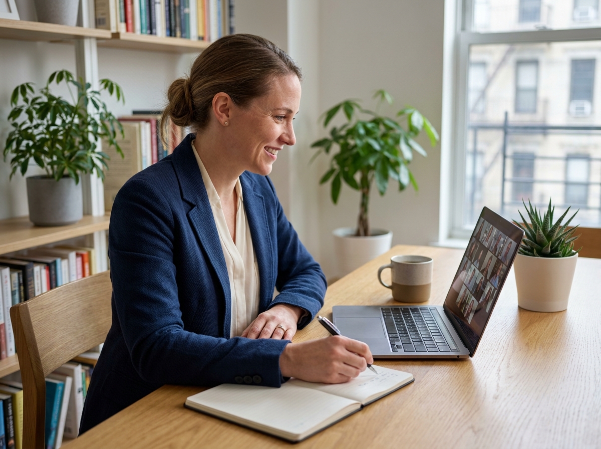 Femme en visioconference dans un bureau moderne