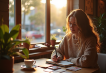 Jeune femme lisant un livre dans un café cosy au matin