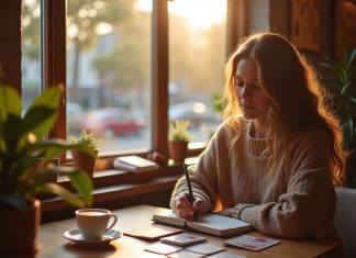 Jeune femme lisant un livre dans un café cosy au matin