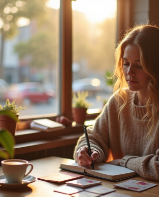 Jeune femme lisant un livre dans un café cosy au matin