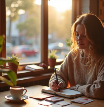 Jeune femme lisant un livre dans un café cosy au matin