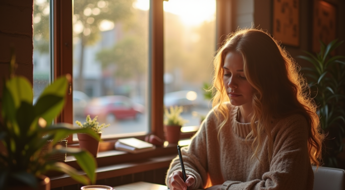 Jeune femme lisant un livre dans un café cosy au matin