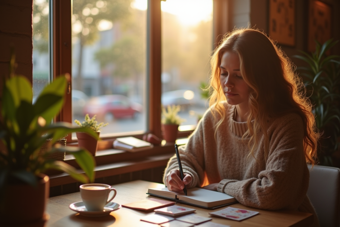 fille-cafe-livre-cafeine Jeune femme lisant un livre dans un café cosy au matin