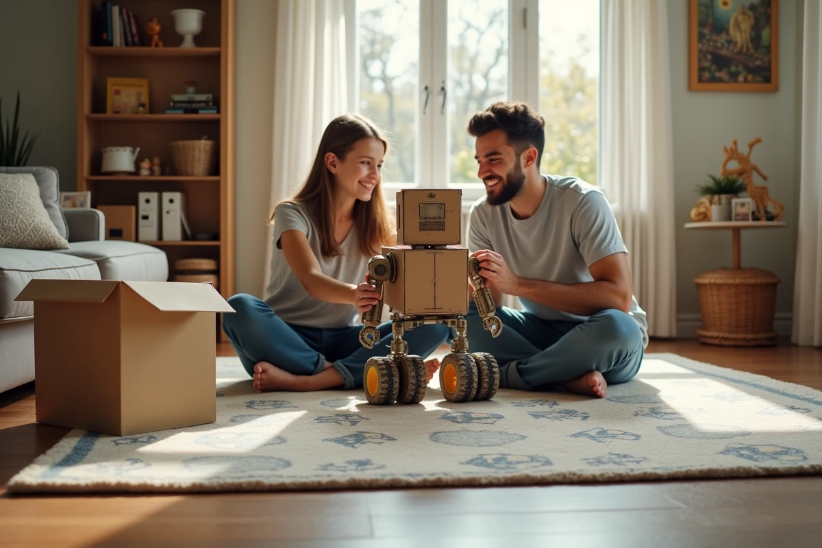 Fille et père souriants présentent un robot fait maison dans le salon