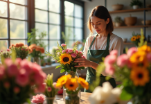 Fleuriste arrangeant un bouquet coloré dans une boutique lumineuse