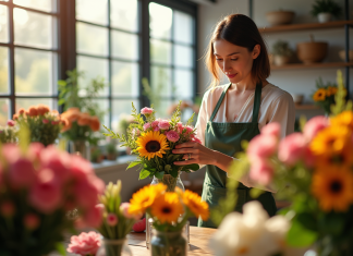 Fleuriste arrangeant un bouquet coloré dans une boutique lumineuse