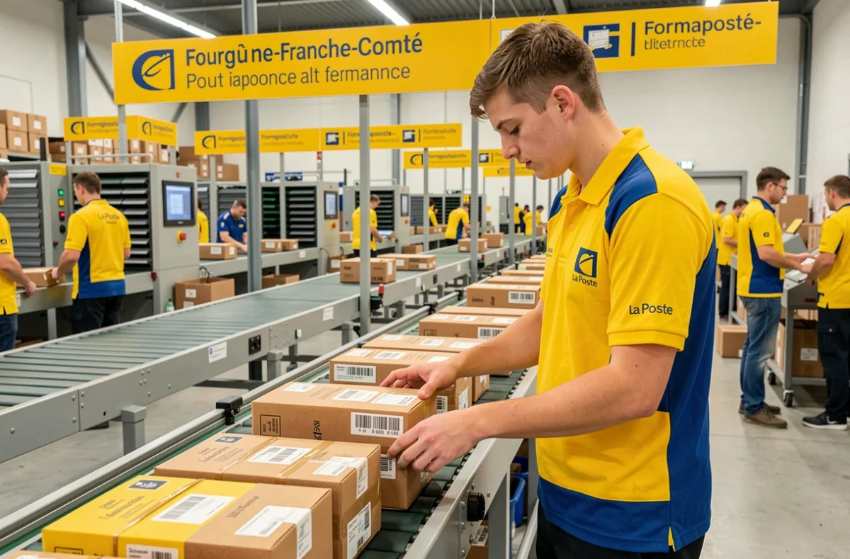 Alternant en uniforme La Poste triant des colis dans un centre de distribution Formaposte en Bourgogne-Franche-Comté