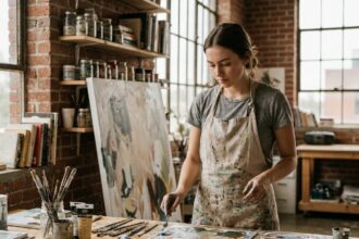 Jeune femme en tablier peint travaillant dans un atelier d'art avec des pinceaux et des toiles, formation artistique alternative