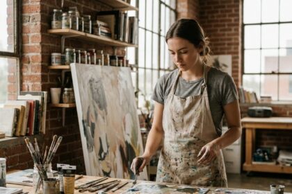 Jeune femme en tablier peint travaillant dans un atelier d'art avec des pinceaux et des toiles, formation artistique alternative