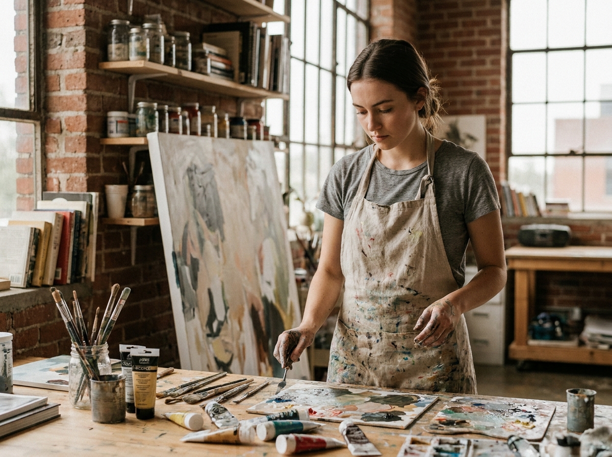 Jeune femme en tablier peint travaillant dans un atelier d'art avec des pinceaux et des toiles, formation artistique alternative