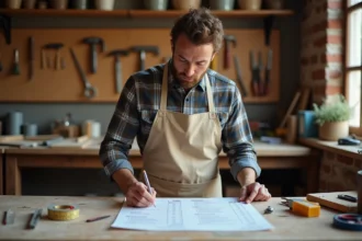 Artisan bricoleur en tablier beige qui compare des devis de travaux sur un établi en bois dans un atelier DIY bien rangé