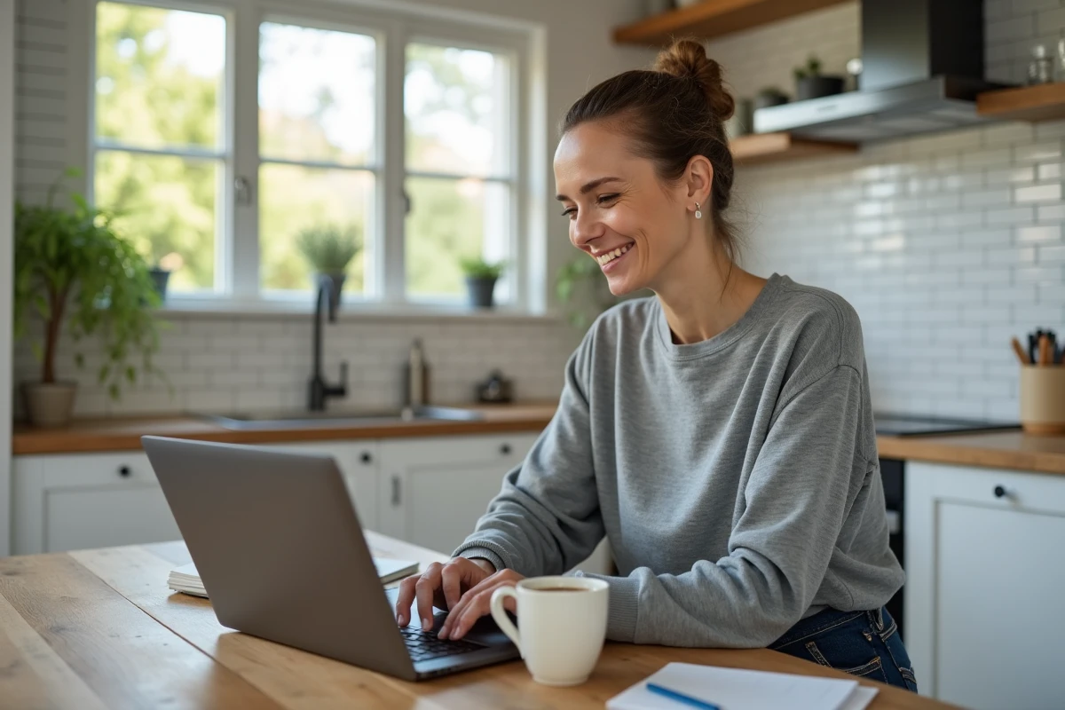 Femme en sweatshirt gris suivant une formation bricolage en ligne sur ordinateur portable à une table de cuisine moderne