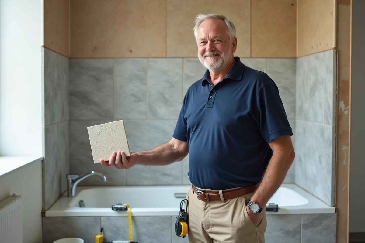 Homme en polo bleu marine posant fièrement devant un mur de salle de bain carrelé par ses propres soins après une formation bricolage CPF