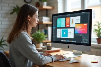 Femme utilisant un logiciel de design graphique sur ordinateur pour créer des visuels d'infoproduits dans un bureau moderne