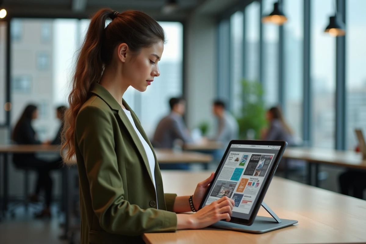 Jeune femme créant des visuels d'infoproduits sur tablette dans un espace de coworking lors d'une formation Canva éligible CPF