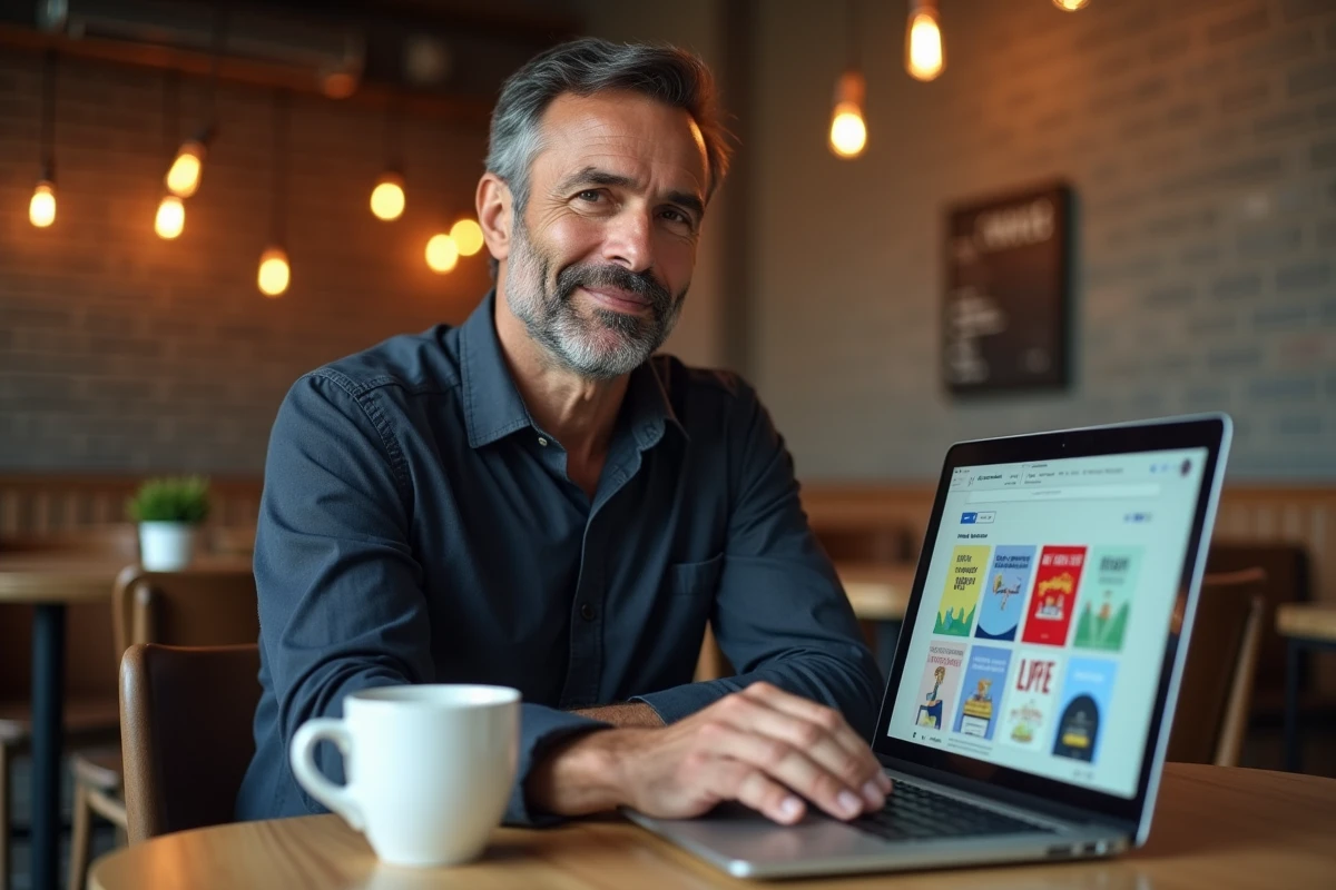 Homme en formation design graphique sur ordinateur portable dans un café, créant des templates pour infoproduits avec Canva