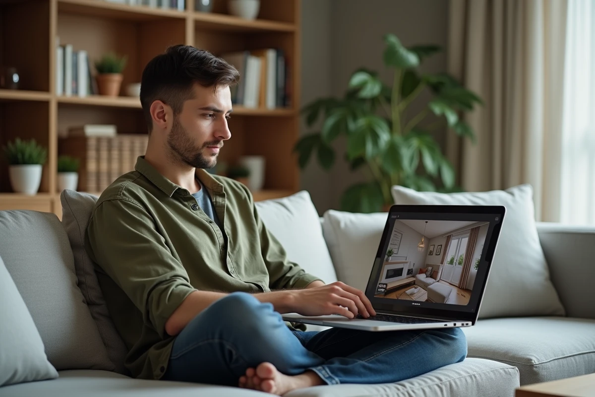Homme suivant une formation de décorateur en ligne depuis son appartement aménagé avec soin
