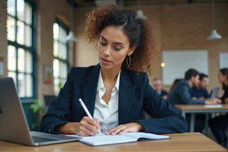 Professionnelle en formation digitale à Paris prenant des notes dans un espace de co-working moderne