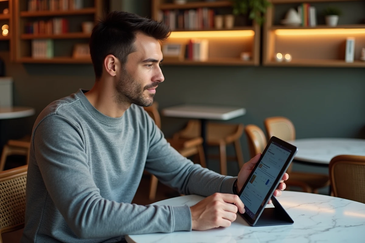 Professionnel suivant une formation digitale en ligne depuis un café parisien sur tablette