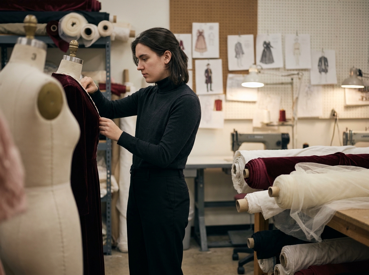 Jeune étudiant en costume de scène ajustant un mannequin dans un conservatoire d'arts du spectacle, formation aux métiers artistiques