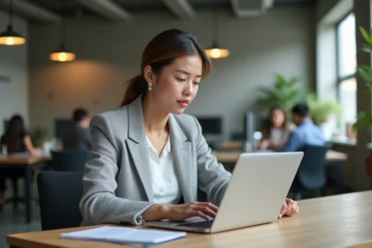 Professionnelle suivant une formation en ligne sur Moocfun dans un bureau moderne en 2026