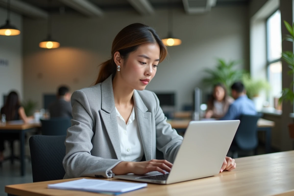 Professionnelle suivant une formation en ligne sur Moocfun dans un bureau moderne en 2026
