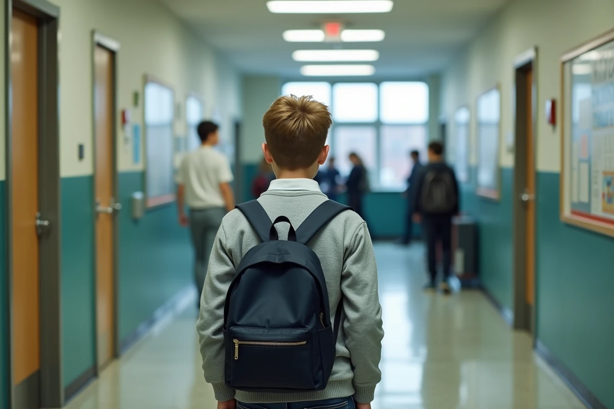 Adolescent entrant dans un couloir scolaire lumineux
