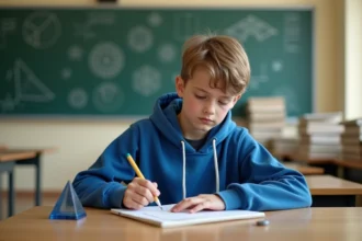 Adolescent en hoodie bleu effaçant une erreur de maths