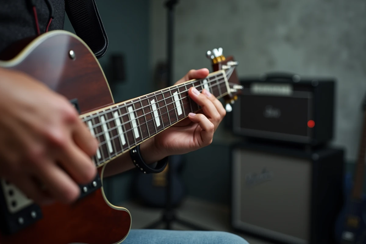 Gros plan des doigts d'un guitariste plaquant un accord Gm sur une guitare électrique à touche en palissandre