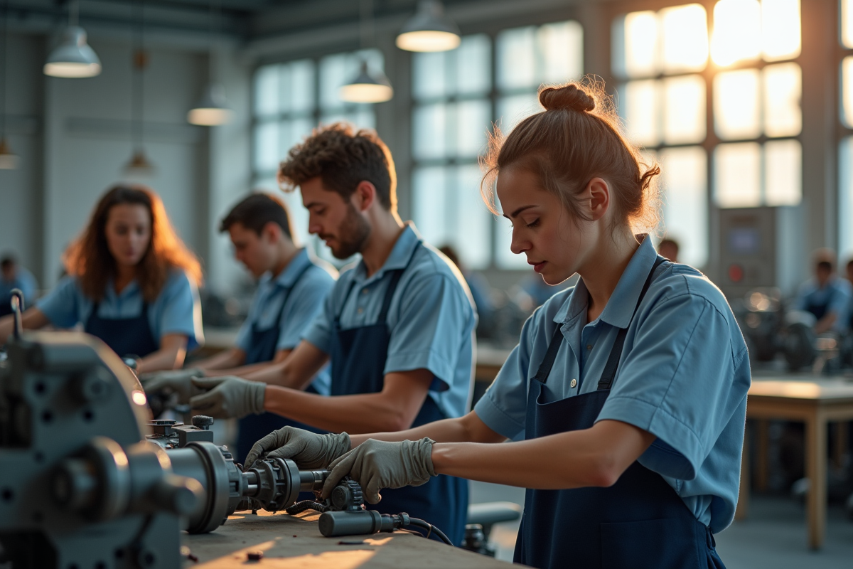 Adultes en uniforme assemblant des machines en atelier lumineux