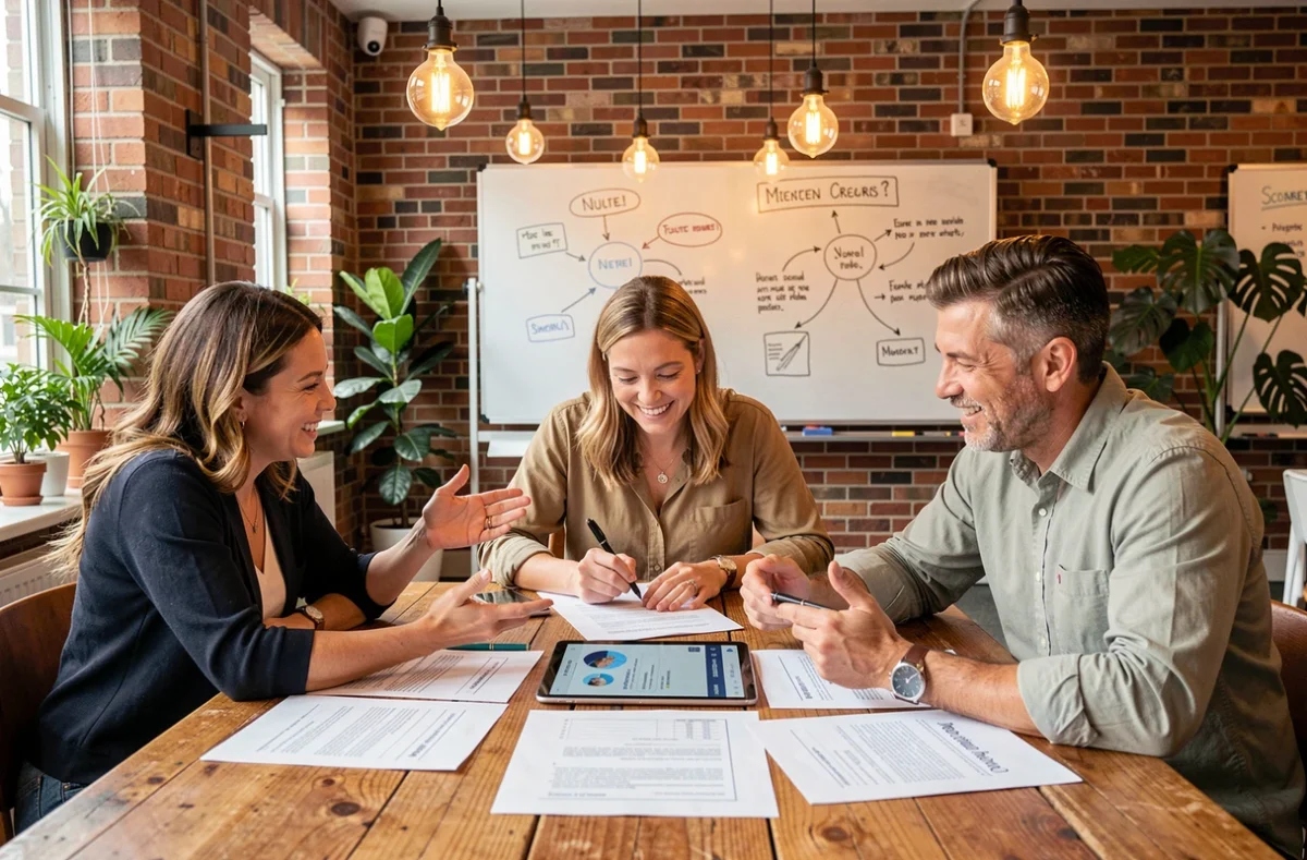 Groupe d'adultes collaborant autour de documents de formation dans un espace de coworking pour choisir une reconversion