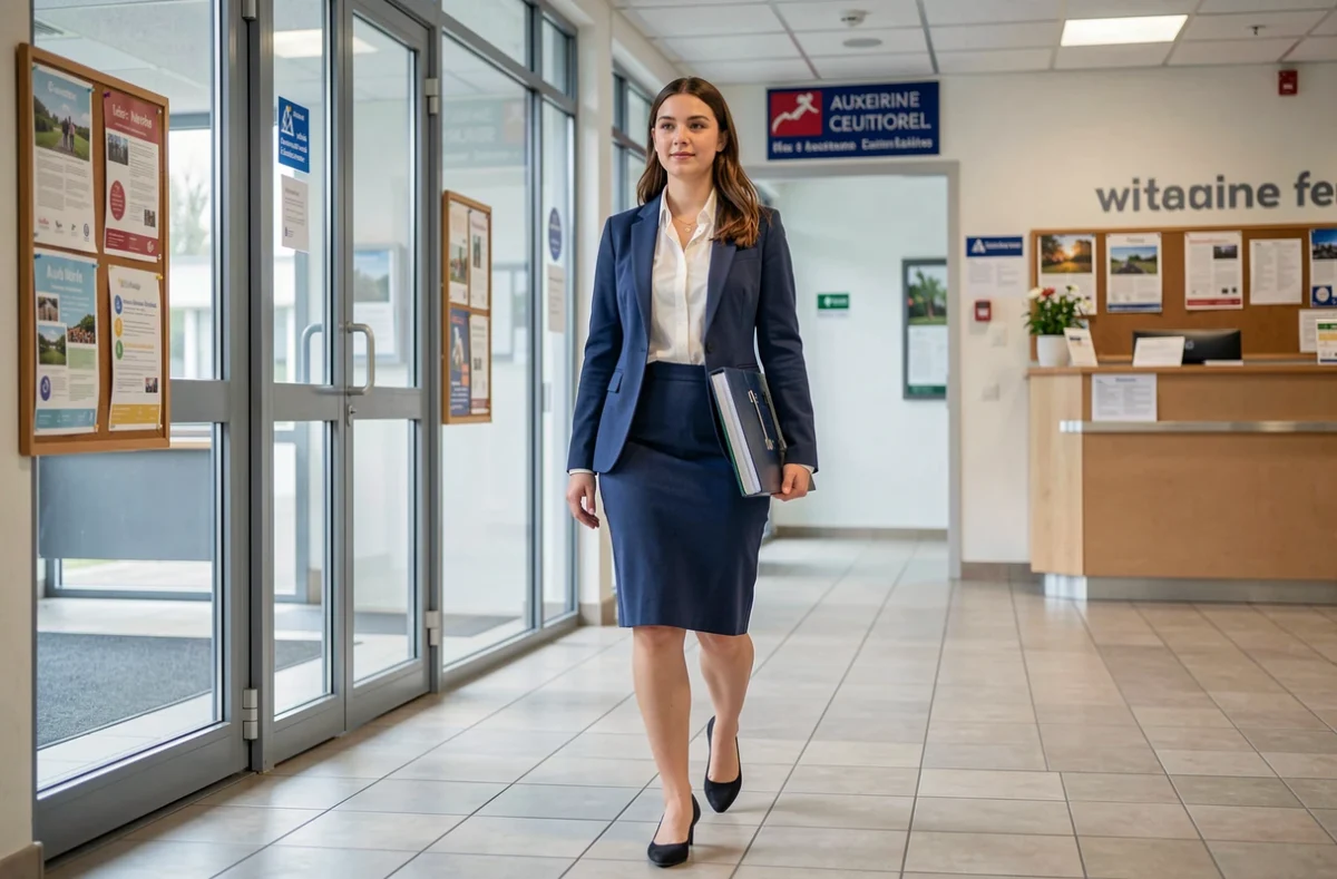 Jeune alternante marchant dans le couloir du Groupe Alternance Auxerre avec son classeur