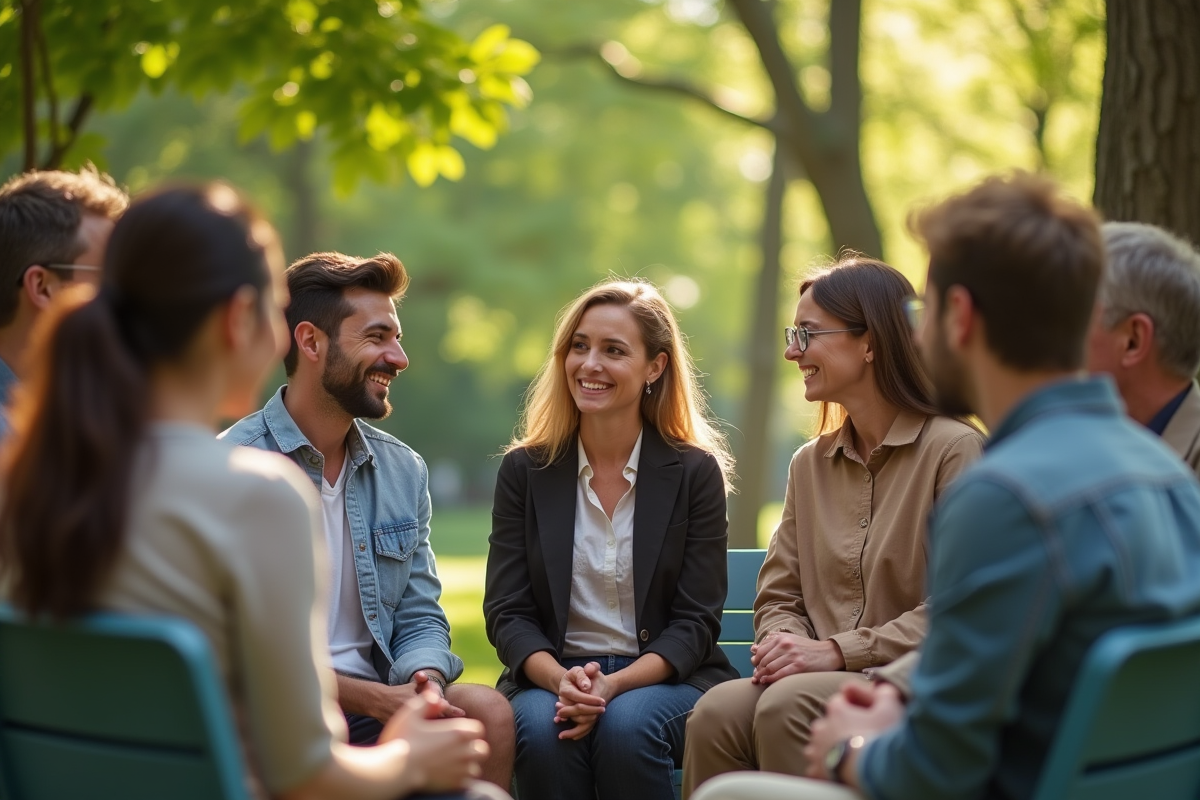 Groupe d adultes pratiquant une langue en plein air dans un parc