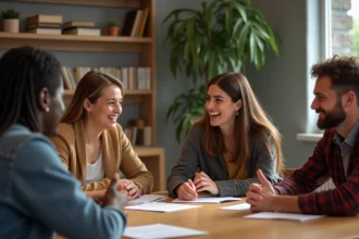 Groupe de quatre adultes en réunion conviviale