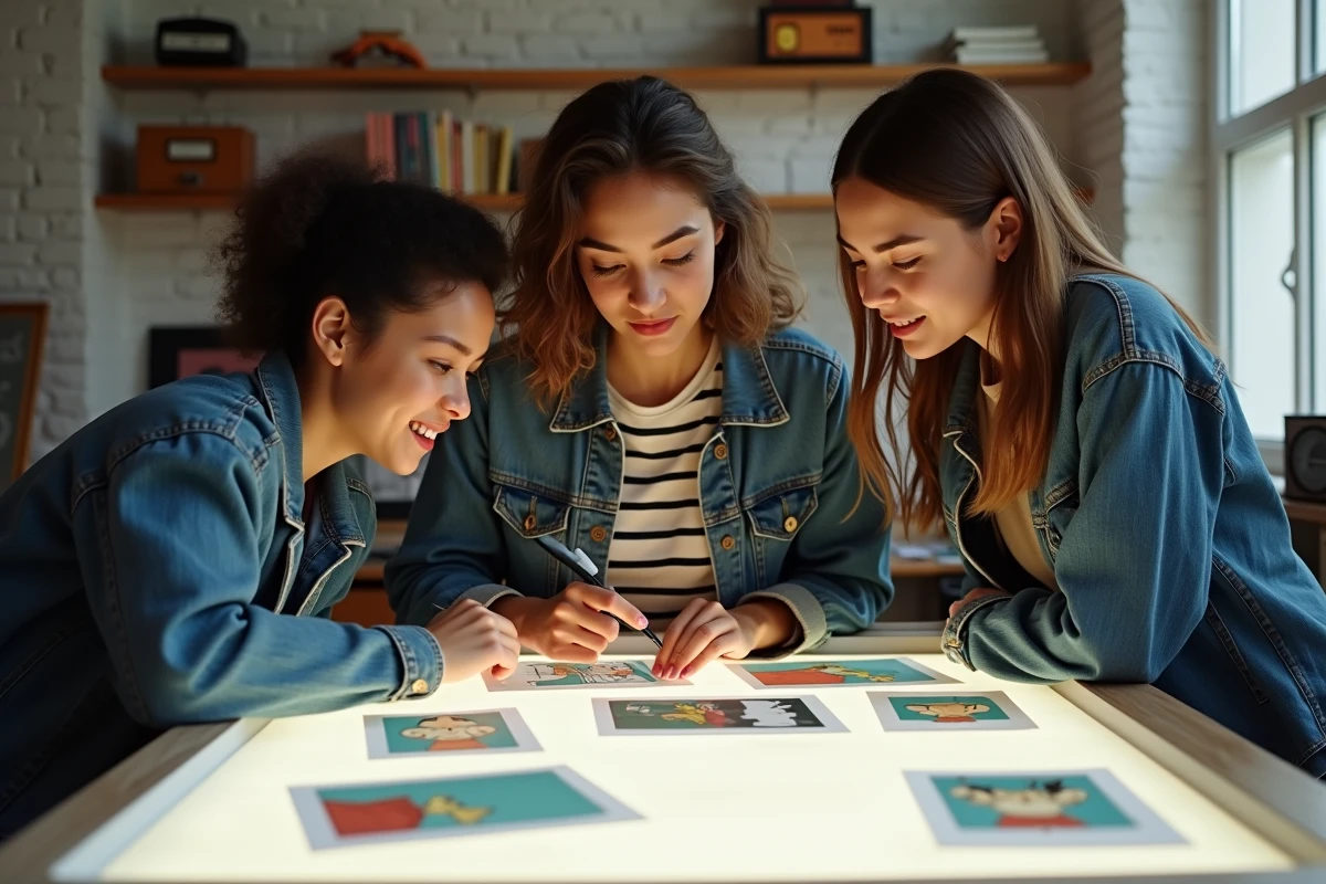 Groupe d'étudiants en animation traditionnelle examinant des planches de dessin animé dans une salle de cours des Gobelins