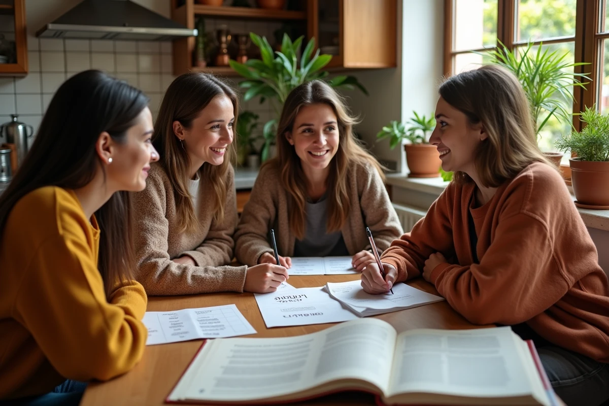 Groupe d'étudiants adultes étudiant ensemble la conjugaison du verbe tener au passé simple espagnol autour d'une table avec des fiches de révision