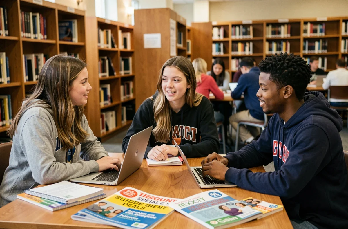 Groupe d'étudiants comparant des guides de réductions étudiantes 2026 dans une bibliothèque universitaire