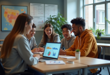 Groupe d'étudiants internationaux autour d'un ordinateur portable