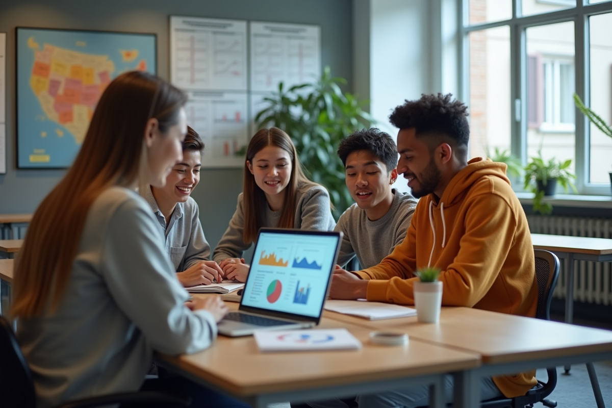 Groupe d'étudiants internationaux autour d'un ordinateur portable